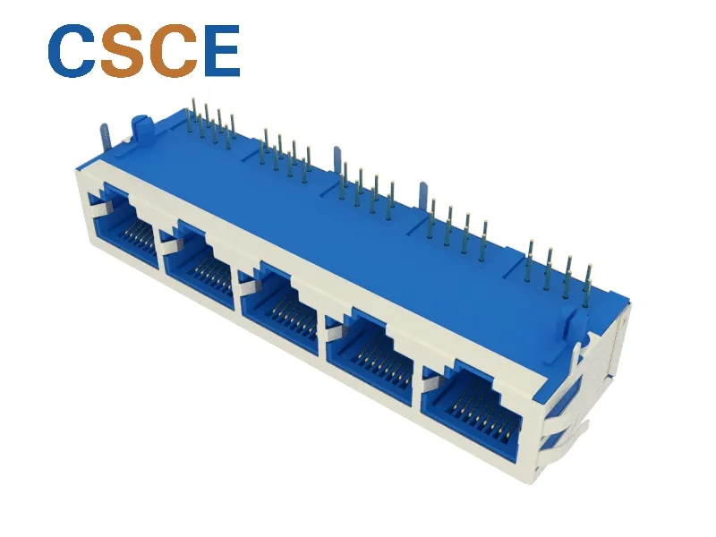 Side Entry Tab Down 5 Ports 8p RJ45 Modular PCB Jack with Shield, Multi-Ports 8p RJ45 PCB Connector Socket with Right Angle