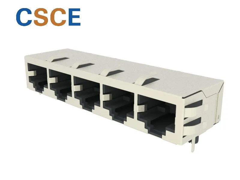 Side Entry Tab Down 5 Ports 8p RJ45 Modular PCB Jack with Shield, Multi-Ports 8p RJ45 PCB Connector Socket with Right Angle