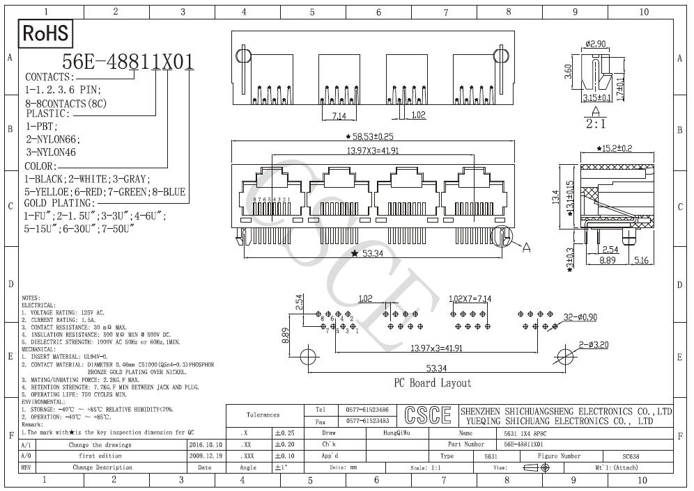 Side Entry Tab up 1X4 Ports 8p RJ45 PCB Connector Modular PCB Jack with Round Pin, Unshield 4ports 8p Network Connector Socketwith 90 Degree