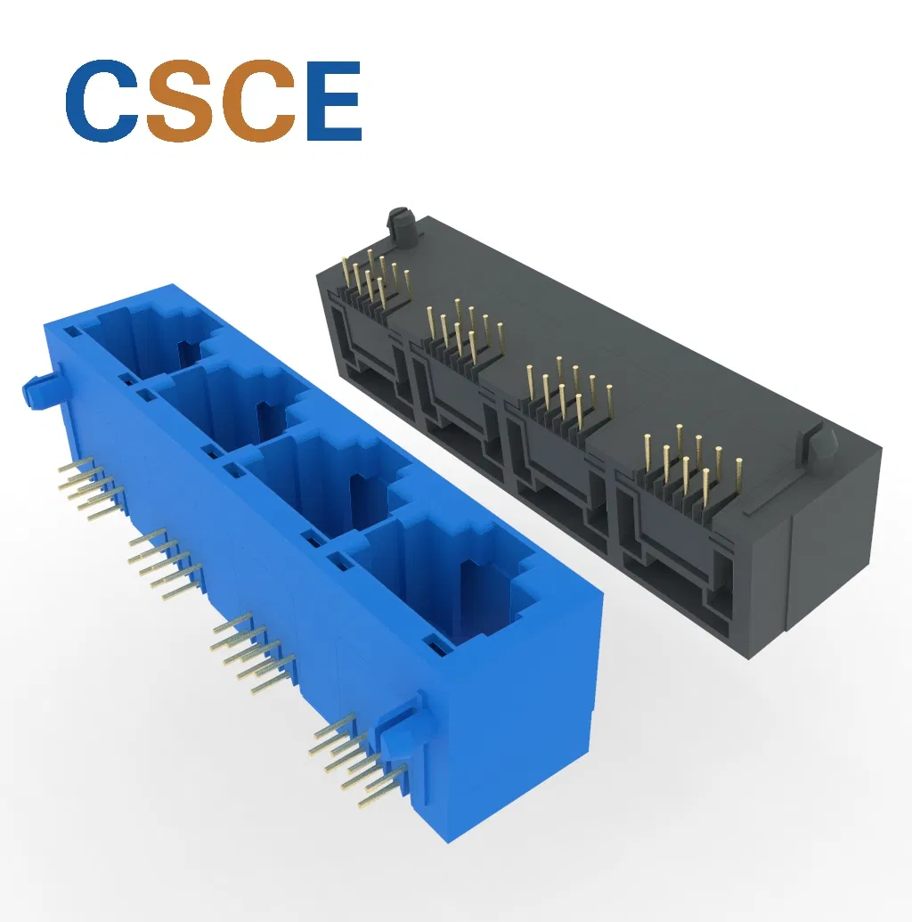Side Entry Tab up 1X4 Ports 8p RJ45 PCB Connector Modular PCB Jack with Round Pin, Unshield 4ports 8p Network Connector Socketwith 90 Degree
