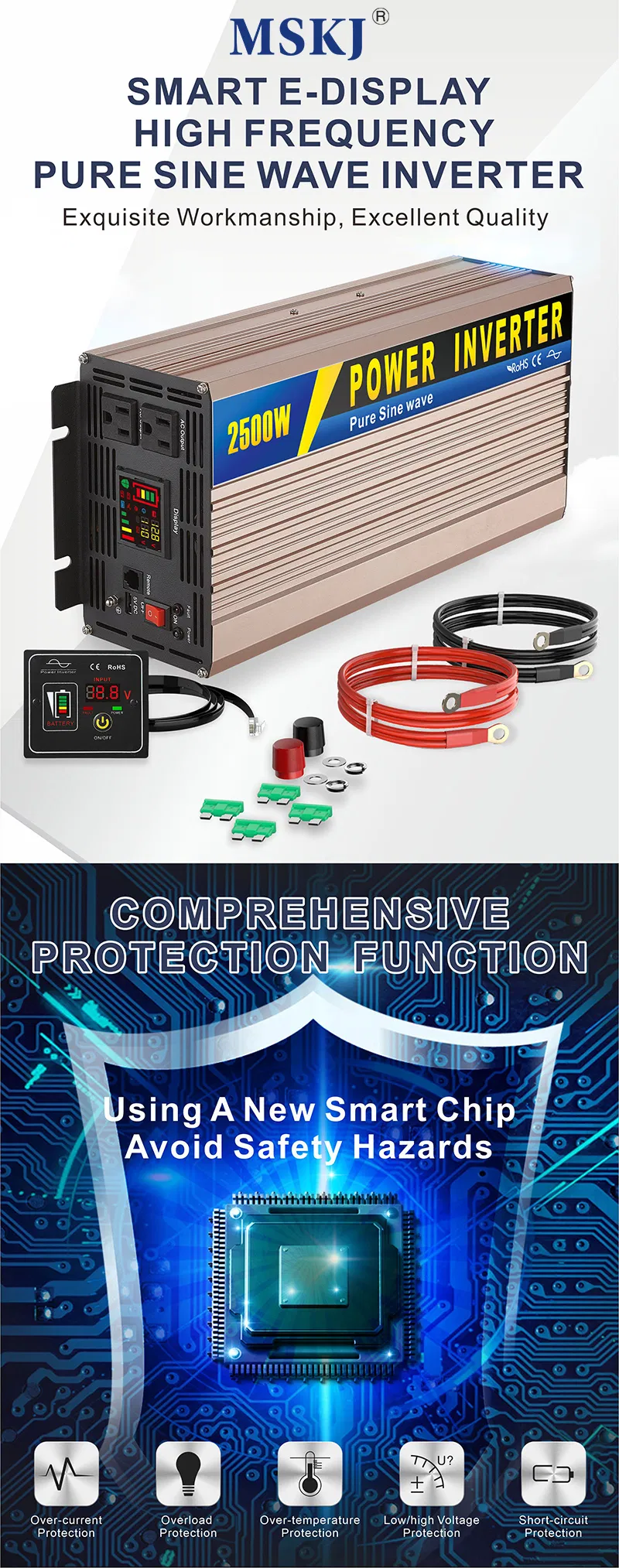 Sug Sgpd-2500W/2.5kw 12/24/48V to 110/220V High Frequency off Grid DC to AC Pure Sine Wave Power Solar Car Inverter