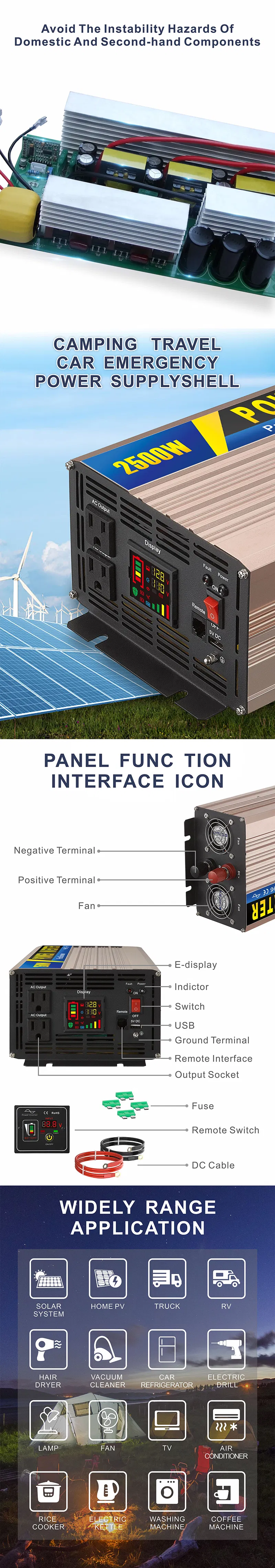 Sug Sgpd-2500W/2.5kw 12/24/48V to 110/220V High Frequency off Grid DC to AC Pure Sine Wave Power Solar Car Inverter