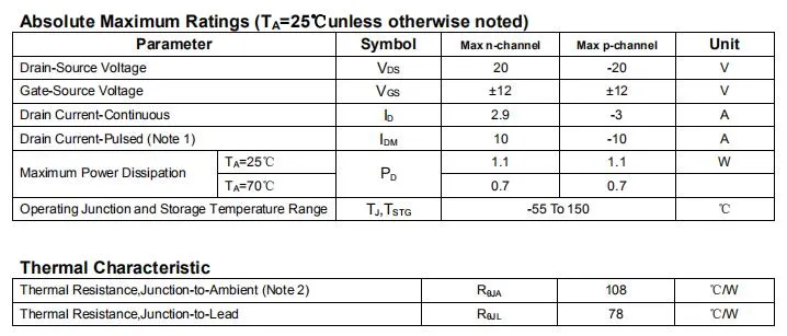 Transistor Mosfet 6703 20V 3A N+P-Channel Sot-23-6 (TSOP6) (AO6604 MT2701)