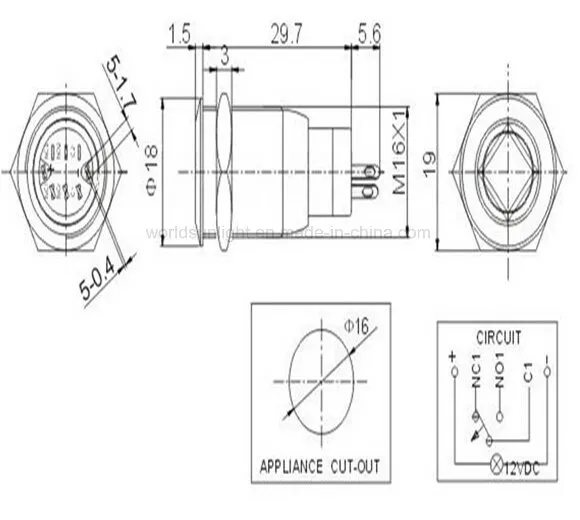 Universal Car Accessories 16mm 12V 3A LED Power Metal Push Button Switch with Socket Plug