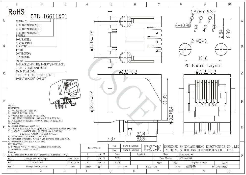 Unshield Tab Down 6p Rj11 Modular PCB Jack Socket with Panel, Side Entry Single Port 6p Rj12 PCB Connector Socket with Stamp Pin
